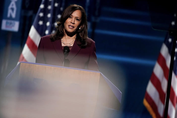 Sen. Kamala Harris, Democratic vice presidential nominee, speaks during the Democratic National Convention at the Chase Center in Wilmington, Del., on Wednesday.