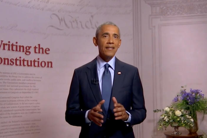Former President Barack Obama addresses the virtual convention on Wednesday.