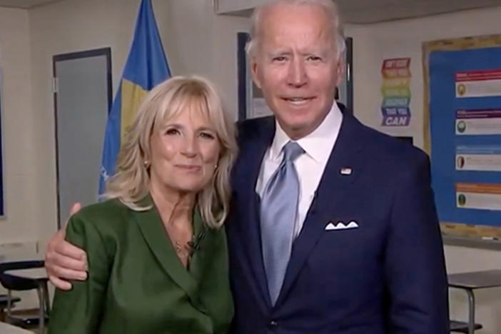 Democratic presidential nominee Joe Biden joins his wife Jill Biden in a classroom after her address to the virtual Democratic National Convention on Tuesday.