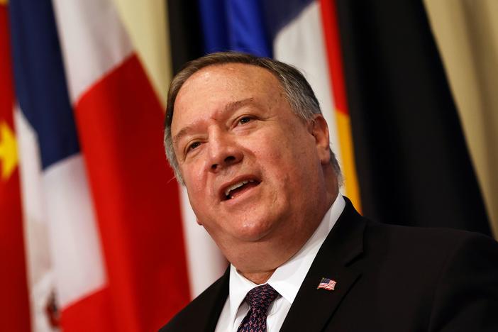 Secretary of State Mike Pompeo speaks to reporters Thursday after meeting with members of the U.N. Security Council and calling for the restoration of sanctions against Iran.