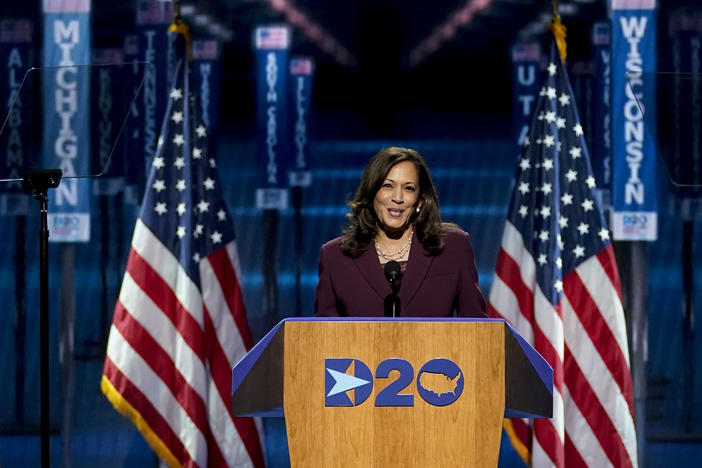 Democratic vice presidential candidate Sen. Kamala Harris, D-Calif., speaks in Wilmington, Del., during Night 3 of the Democratic National Convention. She spoke about her upbringing and her family and her background as a prosecutor.