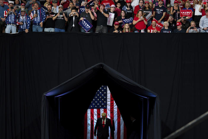 President Trump arrives to speak at a campaign rally at Veterans Memorial Coliseum on Feb. 19 in Phoenix.