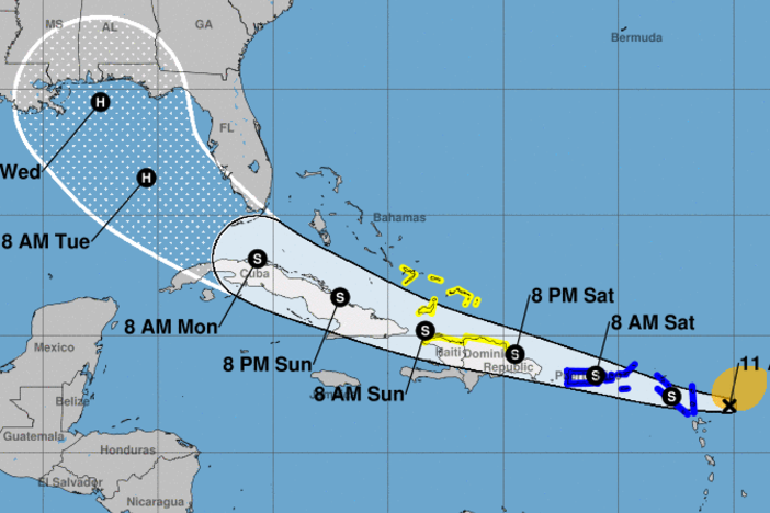 Tropical Storm Laura could become a hurricane early next week — around the same time another storm develops into a hurricane in the Gulf of Mexico. The system is forecast to bring rain and flooding to Caribbean islands on its way to the U.S. mainland.