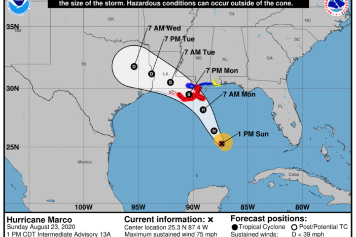 The probable track of Tropical Storm Marco, according to the National Hurricane Center.