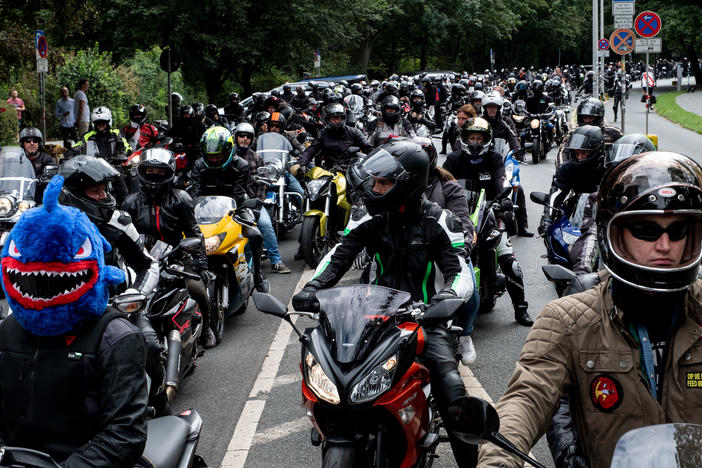 German motorcyclists demonstrate Sunday in Lower Saxony, Hanover, against proposals to restrict their rides.
