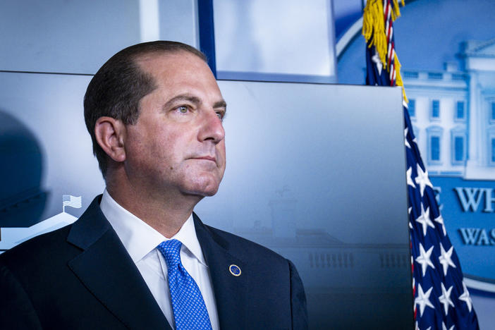 Health and Human Services Secretary Alex Azar, pictured at the White House Sunday, defended the FDA's authorization of convalescent plasma treatment.