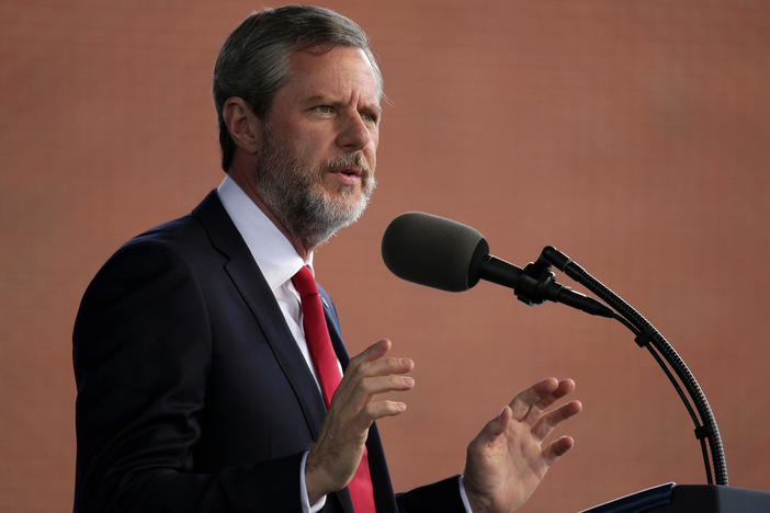 Jerry Falwell Jr. speaks at a Liberty University commencement in 2017 in Lynchburg, Va.