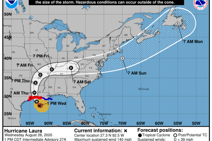 The National Hurricane Center predicts that Hurricane Laura will make landfall as a Category 4 storm.