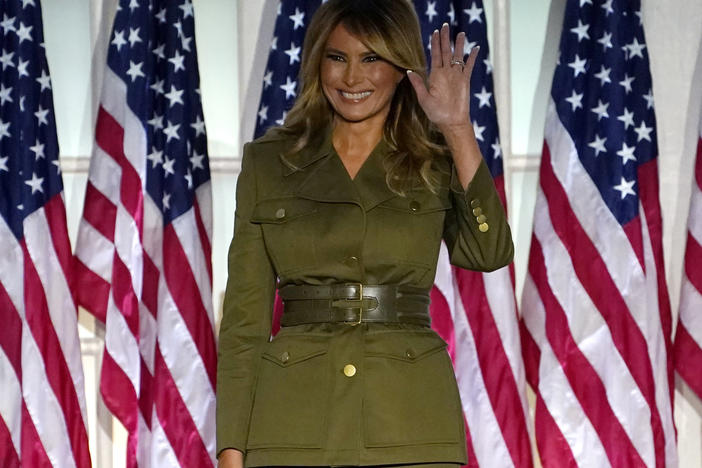 First lady Melania Trump arrives to speak on the second night of the Republican National Convention from the Rose Garden of the White House on Tuesday.