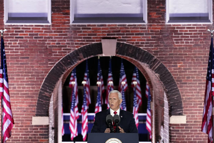 Vice President Pence speaks on the third day of the Republican National Convention at Fort McHenry in Baltimore. He stressed a law and order message as protests over racism and policing continue.