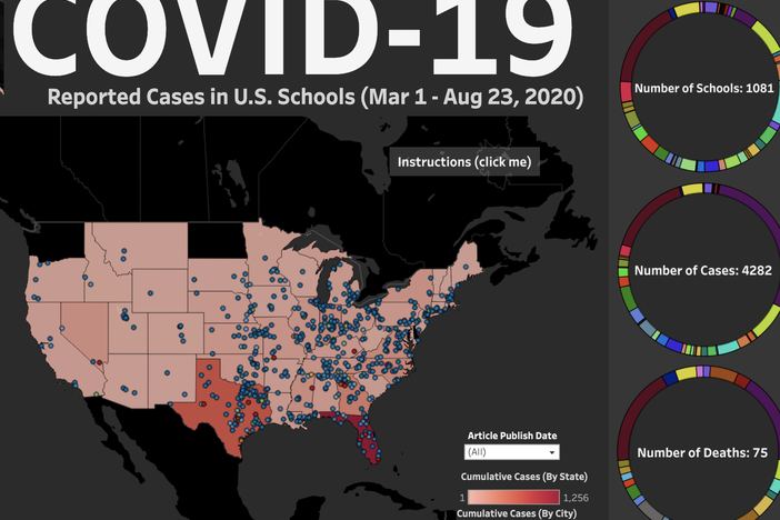 Teacher Alisha Morris created <a href="https://docs.google.com/spreadsheets/d/e/2PACX-1vQSD9mm5HTXhxAiHabZA6BPUByWBlP5HZ2jfOPEeGZkMB0ZFsmFBL5orqjIq22mjFNZ7n-11ObCylGn/pubhtml">an interactive tracker </a>of coronavirus in schools, current through Aug. 23, including this map, created by another volunteer. The National Education Association will now take on updates to the database.