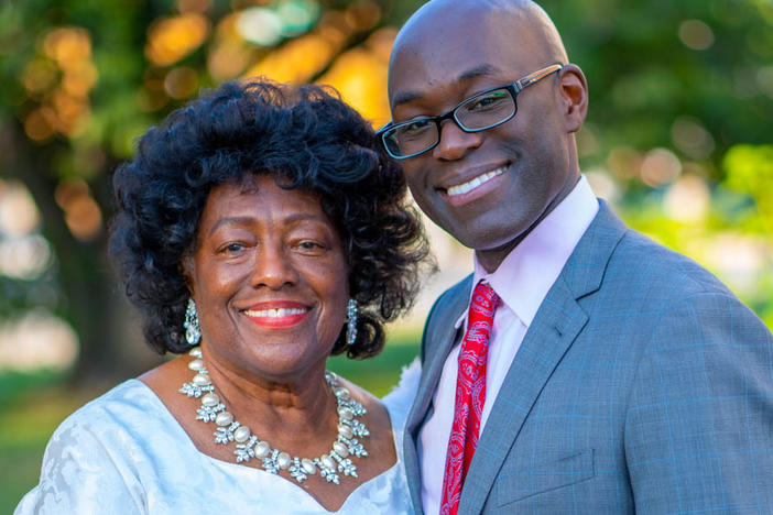Shirley Darkeh with her son, Ayim Darkeh, at Shirley's 85th birthday celebration at a church on Long Island last year.