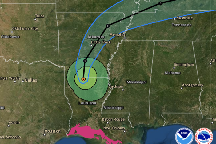 "On the forecast track, the center of Laura is forecast to move over Arkansas tonight, the mid-Mississippi Valley on Friday, and the mid-Atlantic states on Saturday," the National Hurricane Center says.