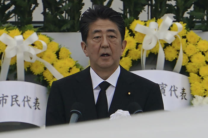 Japanese Prime Minister Shinzo Abe speaking during a ceremony to mark the 75th anniversary of the U.S. atomic attack at the Hiroshima Peace Memorial Park on August 6. Abe announced his resignation Thursday.