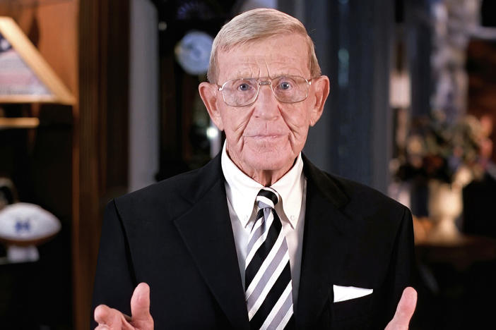 Former Notre Dame football coach Lou Holtz speaks from Orlando, Fla., during the third night of the Republican National Convention on Wednesday. Holtz questioned Democratic candidate Joe Biden's Catholic faith.