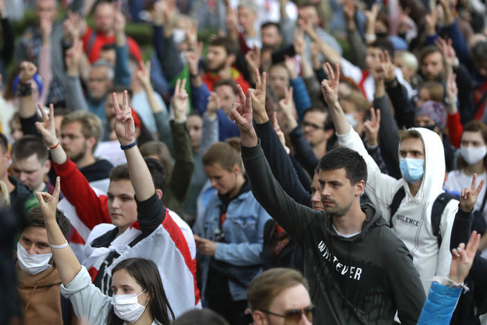 People protest at the Independence Square in Minsk on Thursday.