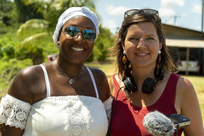 Peggy Bouva (left) and Maartje Duin traveled to Suriname together to visit a former sugar plantation once owned by Dutch nobility. Duin's great-great-great-grandmother held a share in the plantation, where Bouva's ancestors were enslaved. The two women documented their research into their shared, painful history for a podcast called "The Plantation of Our Ancestors."