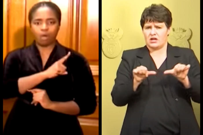Andiswa Gebashe, left, and Nicoline Du Toit are the sign language interpreters for South African President Cyril Ramaphosa's pandemic briefings — and have become unlikely celebrities.