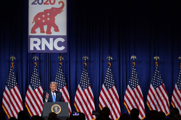 President Trump speaks during the first day of the Republican National Convention in Charlotte, N.C., where he was unanimously supported by delegates for reelection. Many young members of the Republican Party are not supporting him and worry about the future of the GOP, given that it's now defined by Trump.