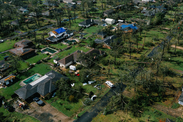 An aerial view of Lake Charles, La., shows damage to houses last week after Hurricane Laura, one of the most powerful storms ever to hit Louisiana, tore through the area.