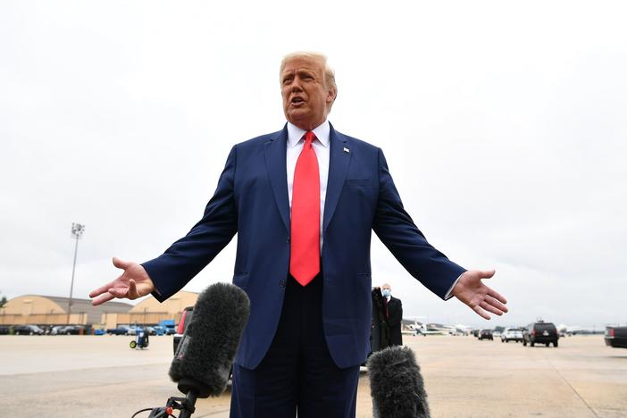 President Trump speaks to the media before heading to Kenosha, Wis., to meet with law enforcement officials and to survey damage following civil unrest in the city.