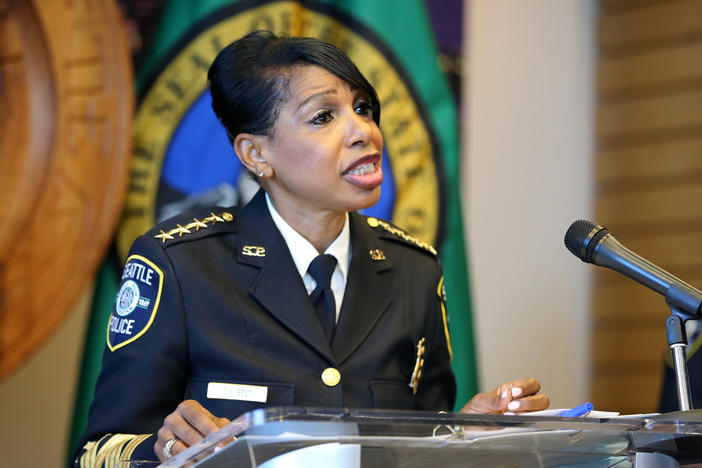 Seattle Police Chief Carmen Best announces her resignation at a press conference at Seattle City Hall on Aug. 11. Her departure comes after months of protests against police brutality and votes by the city council to defund her department.