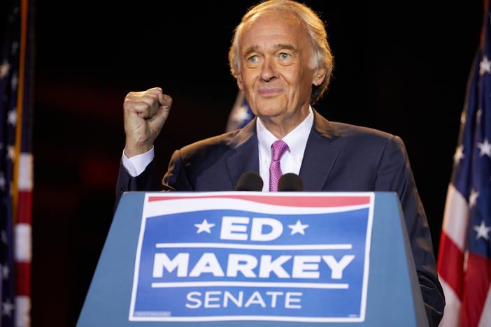 Sen. Ed Markey speaks Tuesday in Malden, Mass., after beating Rep. Joe Kennedy III for the Democratic nomination for a Massachusetts U.S. Senate seat.