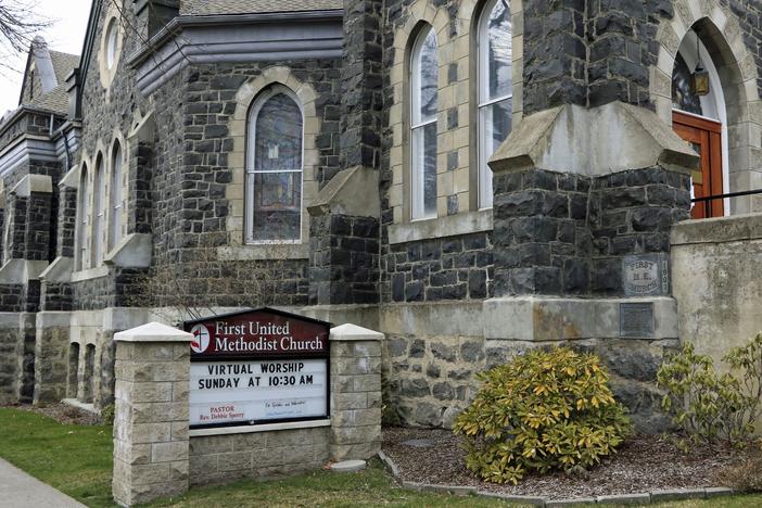 Virtual worship services announcement at United Methodist Church in Moscow, Idaho. The denomination, with some 13 million members worldwide, is experiencing a major internal rift over same-sex marriage and LGBTQ clergy.