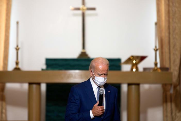 Democratic presidential nominee Joe Biden speaks Thursday at Grace Lutheran Church in Kenosha, Wis.