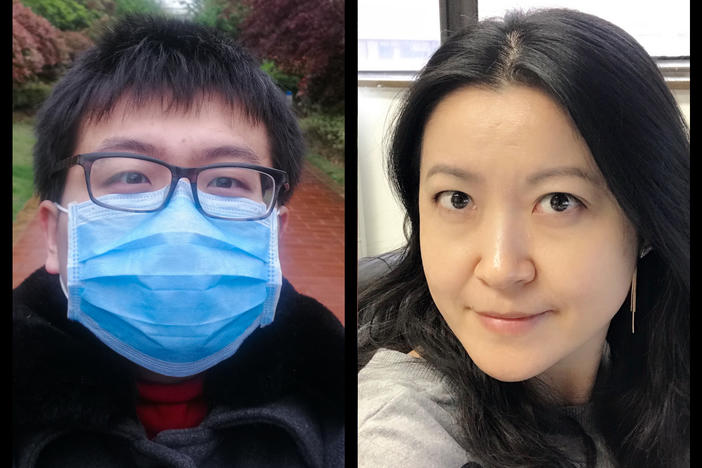 Left: Xi Lu had traveled to Wuhan in January to spend the Lunar New Year with his parents, having not been with his them for the holiday in over seven years. Lin Yang, an epidemiologist at Hong Kong Polytechnic University also traveled to Wuhan to visit her parents for the Lunar New Year. Each person found themselves stuck there with the enforcement of lockdown in the city.
