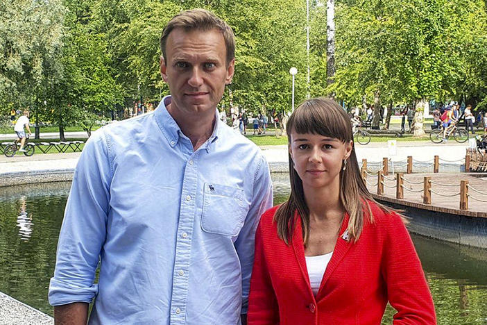 In this August photo, Alexei Navalny poses for a photo with Siberian politician Ksenia Fadeyeva. Navalny was removed from a medically-induced coma in a Berlin hospital after suffering what German authorities say was a poisoning with a chemical nerve agent while traveling in Siberia in August.