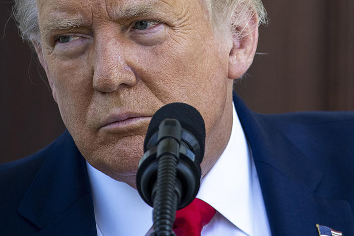 President Trump takes questions during a Labor Day press conference at the White House.