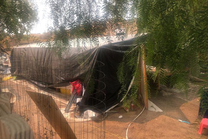 What appears to be a makeshift greenhouse is seen behind a home where killings occurred in Aguanga, Calif. Several people were found fatally shot at the illegal marijuana growing operation.