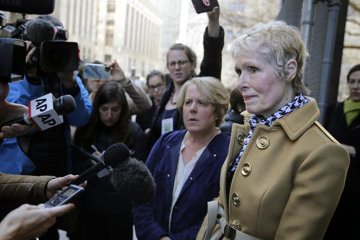 On Twitter, E. Jean Carroll (right) slammed the Department of Justice's attempt to take over her defamation suit against President Trump, telling him to "bring it."