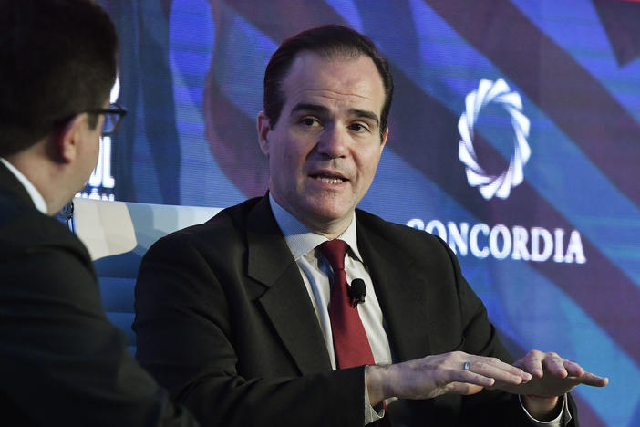 Mauricio Claver-Carone, nominated to head the Inter-American Development Bank, speaks with Ricardo Ospina of Caracol TV at the 2019 Concordia Americas Summit in Bogotá, Colombia.