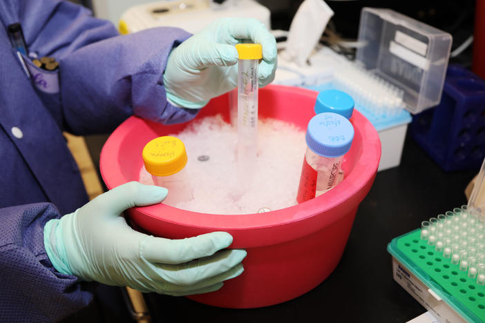 A research assistant with the Emerging Infectious Disease Branch (EIDB), at the Walter Reed Army Institute of Research (WRAIR), studies coronavirus protein samples, June 1, 2020. The EIDB is part of WRAIR's effort to produce a COVID-19 vaccine candidate.