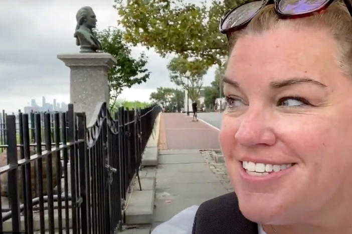 In her video <em>Weehawken to Gettysburg</em> Cathy Cluck stands near a statue of Alexander Hamilton in New Jersey. Cluck took a 15-day road trip to visit some of the places she teaches her students about each year and posted <a href="https://www.youtube.com/channel/UCWVU4tJ-4ldr5RYOpiQ2iIA">daily highlights to her YouTube</a>.