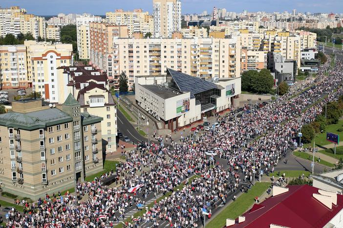 Opposition supporters protest against authoritarian leader Alexander Lukashenko in Minsk on Sunday.