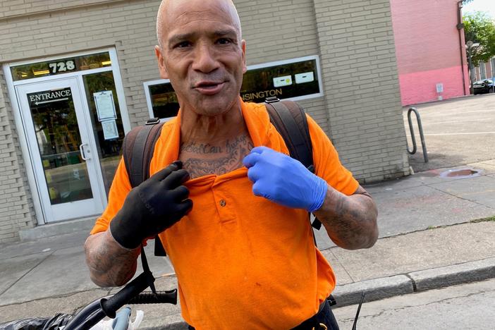 Bobby Parker, showing off his tattoo that reads "Only God Can Judge Me," says he had to sleep outside when he was locked out of his New Orleans home.