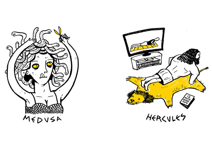 Medusa cutting her hair and Hercules exercising at home are two examples of Jonathan Muroya's Greek Quarantology illustration series.