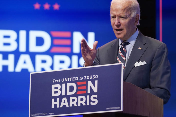 Democratic presidential nominee Joe Biden speaks about coronavirus vaccines after a briefing with public health experts in Wilmington, Del., on Wednesday.