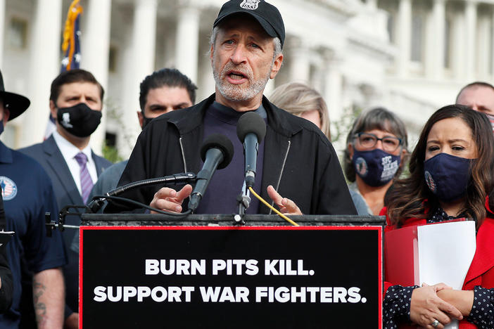 Comedian, writer and veterans advocate Jon Stewart speaks at a press conference on "The Presumptive Benefits for War Fighters Exposed to Burn Pits and Other Toxins Act of 2020" at the House Triangle in Washington, D.C., on Tuesday.
