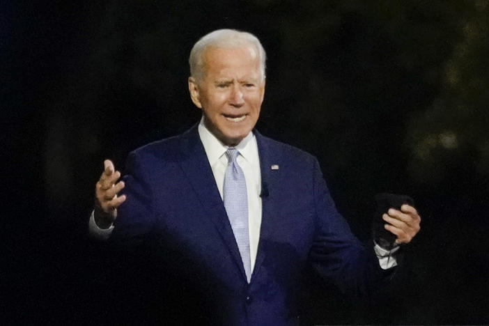 Democratic presidential nominee Joe Biden participates in a town hall Thursday evening in Moosic, Pa. Biden leads by 9 points against President Trump, who continues to face an uphill reelection battle.