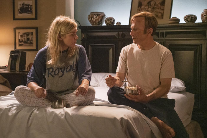 Rhea Seehorn as Kim Wexler, Bob Odenkirk as Jimmy McGill in <em>Better Call Saul</em>, an Emmy snub but a Deggy winner.