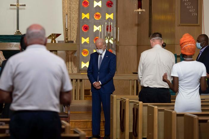 If elected, Democratic nominee Joe Biden would become only the second Catholic president in American history. Here he prays at Grace Lutheran Church in Kenosha, Wis., on Sept. 3.