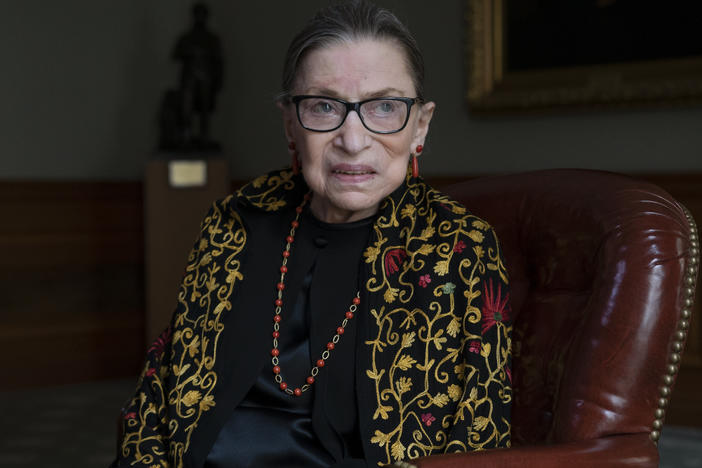 Supreme Court Justice Ruth Bader Ginsburg — here in her chambers during a 2019 interview with NPR's Nina Totenberg — died on Friday at the age of 87.