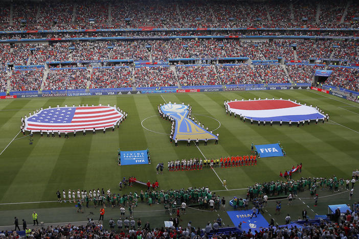 Events preceding the Women's World Cup final soccer match between the United States and the Netherlands in Decines, France, in 2019. FIFA President Gianni Infantino has suggested that the FIFA Women's World Cup could be held every two years instead of every four years.