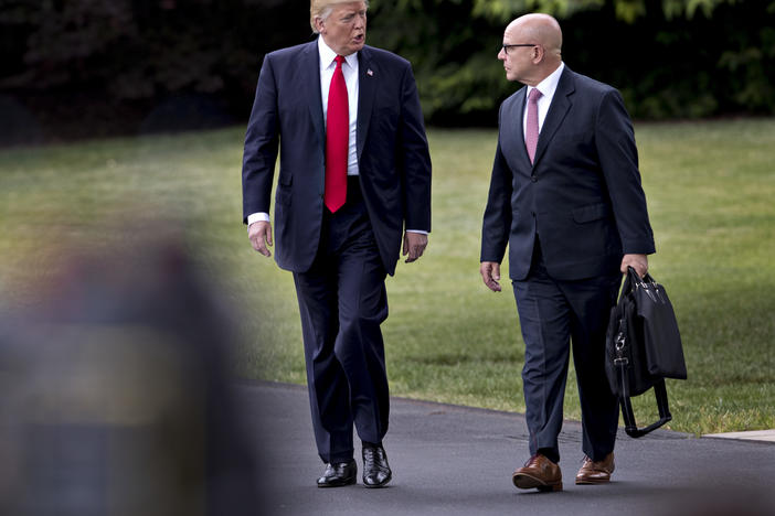 President Trump and H.R. McMaster walk toward Marine One on the South Lawn of the White House in Washington, D.C., on June 16, 2017.