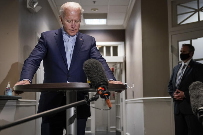 Democratic presidential nominee and former Vice President Joe Biden speaks to reporters about the passing of Supreme Court Justice Ruth Bader Ginsburg upon arrival at New Castle County Airport in Delaware.