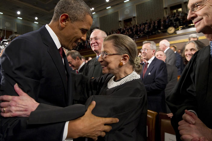President Barack Obama greets Supreme Court Justice Ruth Bader Ginsburg prior to his State of the Union address on Jan. 24, 2012, at the Capitol in Washington. Ginsburg died on Sep 18, 2020 at 87.